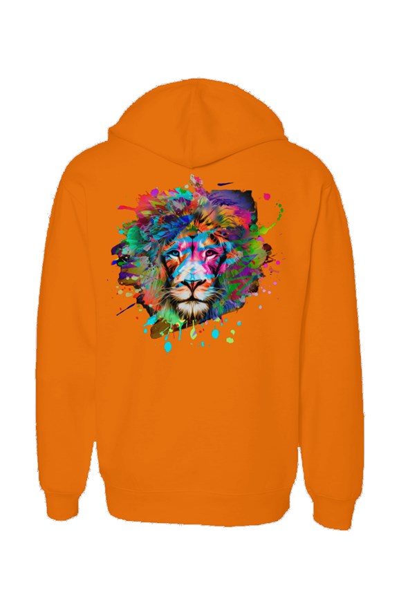 back of neon orange hoodie with lion splatter graphic