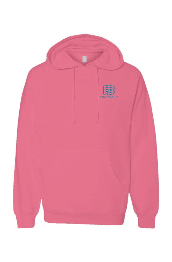 front of neon pink hoodie with FIREBRAND logo in top left